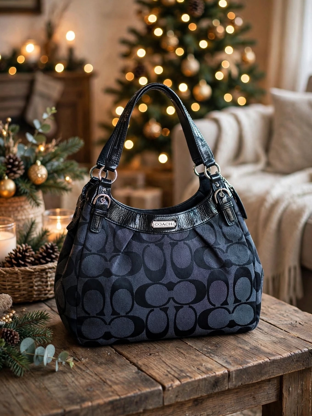 Coach Black Signature Jacquard Shoulder Bag with Leather Trim